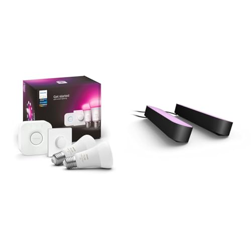 Philips Hue White and Color Ambiance, Kit de démarrage E27 x2 Equivalent 75W, 1100 lumen, Pont et Smart Button Hue x1 & Philips Hue Play Pack White & Color Ambiance, Noir, Pack de 2,6.6W Kit de base