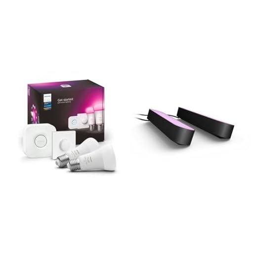 Philips Hue White and Color Ambiance, Kit de démarrage E27 x2 Equivalent 75W, 1100 lumen, Pont et Smart Button Hue x1 & Philips Hue Play Pack White & Color Ambiance, Noir, Pack de 2,6.6W Kit de base