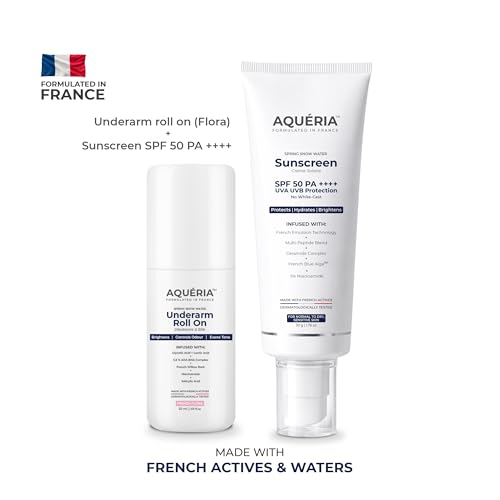 Image of Aqueria Daily Brightening Essentials Kit | Hydrating & Brightening French Sunscreen SPF 50 PA+++ (50g) & 5.5% AHA BHA Underarm Roll On (50ml) | Reduces Tanning, Controls Sweat & Odor | Lightweight, No White Cast | Flora Fragrance