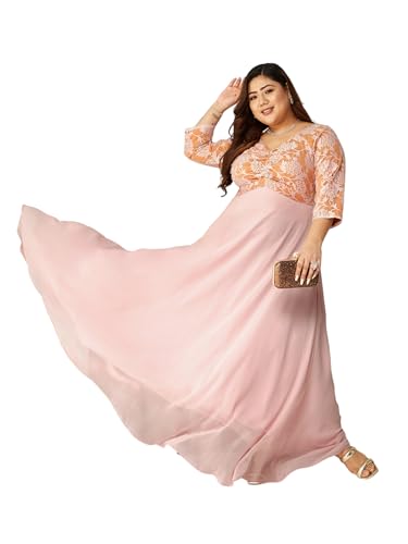 Image of Miss Chase A+ Women's Floral Printed Relaxed Fit V -Neck 3 /4Th Sleeve Georgette Maxi Dress