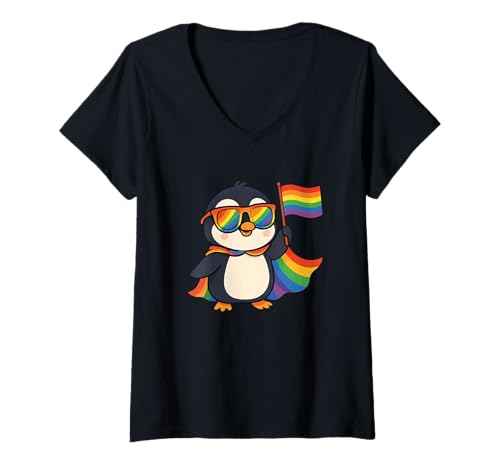 Femme Pingouin Cute Gay Pride LGBT Lunettes de soleil Cape Rainbow Flag T-Shirt avec Col en V