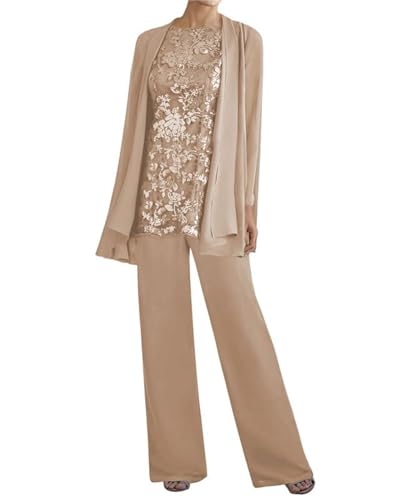 Image of 3 Pieces Mother of The Bride Dresses Pant Suits - Lace Chiffon Long Sleeve Grandmother Dresses with Jacket Taupe