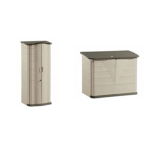 Rubbermaid Vertical Resin Weather Resistant Outdoor Garden Storage Shed, 2X2.5 Feet & Large Horizontal Resin Weather Resistant Outdoor Garden Storage Shed, Olive And Sandstone 32 Cubic Ft #TOP17