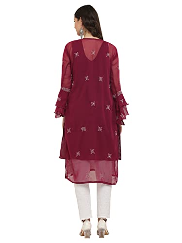 Image of FAWOMENT Women's Designer Georgette Straight Kurta with Hand Crafted Lucknowi Chikankari Embroiderey Emblemished Moti Work Along