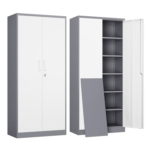 Image of Yizosh Metal Garage Storage Cabinet with 2 Doors and 5 Adjustable Shelves - 71 inch Steel Lockable File Cabinet,Locking Tool Cabinets for Office,Home,Garage,Gym,School (Gray White)