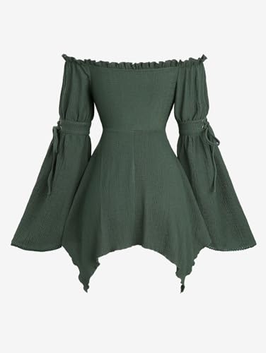 DRESSFO Women Renaissance Shirt Ruffle Off Shoulder Casual Lace Up Grommets Asymmetrical Ruffles Tops2