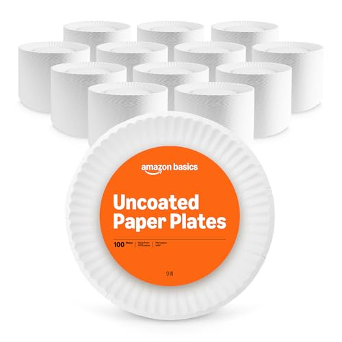 Amazon Basics 9 Uncoated White Paper Plates Microwave Safe Commercially Compostable 1200 Count (Pack of 12)