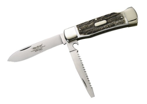 Hartkopf-Jagdtaschenmesser, Hirschhorn, Klinge 1.4110 Stahl, Säge 1.4034 Stahl, feststellbare Klinge, Neusilberbacken