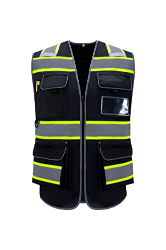 ShinFashion Safety Vest Reflective ANSI Class 2, Hi Vis Vest with 10 Pockets and Zipper,Meets ANSI/ISEA Standard Black, XL