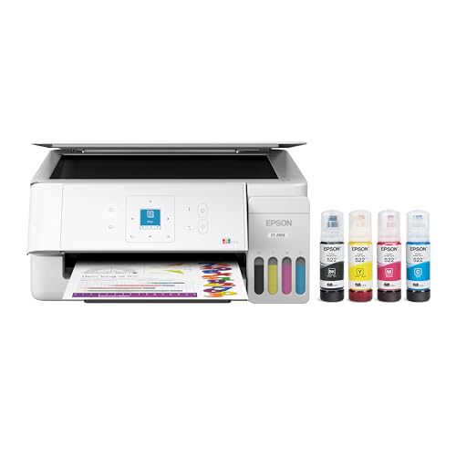 Epson EcoTank ET-2903 Wireless All-in-One Color Supertank Printer with up to 3 Years of Ink, Refillable Tanks, Perfect for Home, 11 PPM, 1.44' Color Screen, Built-in Scanner – White
