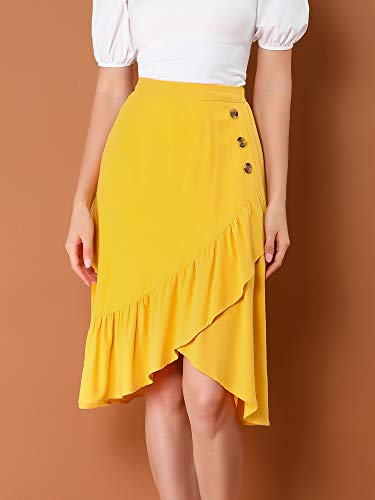 Allegra K Women's Elegant High Waisted Button Decor Asymmetrical Split Faxu Wrap Ruffle Skirt X-Small Yellow #TOP1