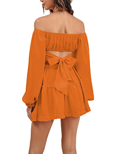 Lyaner Women's 2 Piece Outfits Self Tie Knot Crop Top And Mini Skirt Set Orange X-Large #TOP1
