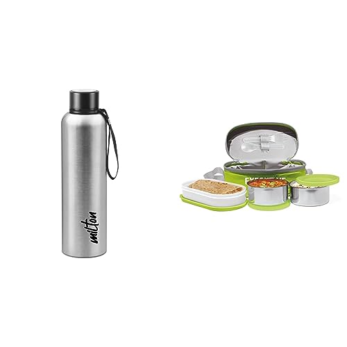 Image of Milton Aura 1000 Thermosteel Bottle, 1.05 Litre, Silver & MILTON Executive Insulated Lunch Box (2 Stainless Steel Container, 280 ml Each; 1 Microwave Safe Container, 450 ml), Green