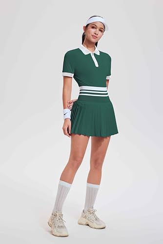Image of Tennis Skirt Sets for Women Zipper Color Block High Waisted Golf Polo Two Piece Skirt Set Women 2 Piece Outfits