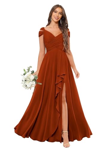 Ruffle Off The Shoulder Bridesmaid Dresses with Pockets Chiffon Long Slit Formal Evening Gown