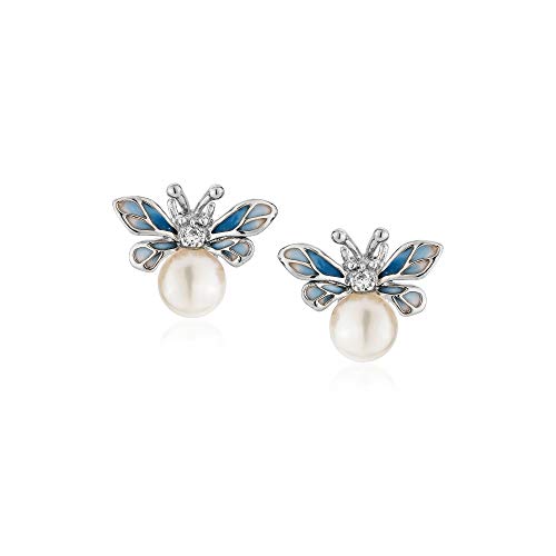 Anthia Jewelry Womens Girls 925 Sterling Silver Sparky Bling Cubic Zirconia Gemstone Classy Pearl Cute Enamel Earring Dainty Fashion Jewelry Accessory Push Back Bee Shape Comfy Stud Earrings, Blue