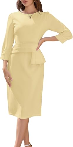 Image of Church Dress for Women Hem Peplum Skirt with Belted Midi Dresses Fit for Office and Cocktail Party
