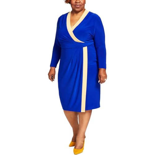 Kasper Womens Plus Surplice Short Wrap Dress Blue 1X