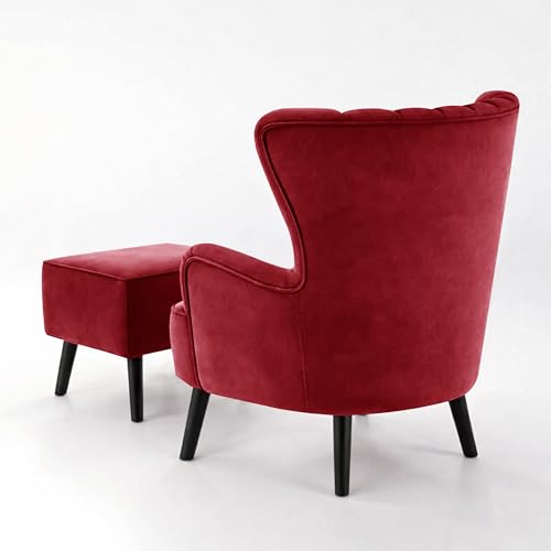 Image of Rosebell Velvet Accent Chair with Ottoman - Modern Upholstered Lounge Chair with High Back, Tufted Design & Comfortable Reading Chair for Living Room, Bedroom, Office-Red
