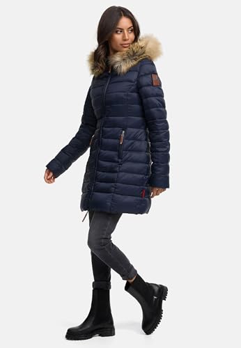 MARIKOO Damen Wintermantel warmer Steppmantel lang mit Kapuze und abnehmbarem Kunstfell-Kragen Rose Blau Gr. L