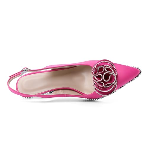 Eldof Women Slingback Heels Beaded Rhinestone Pointed Toe Flower Bow High Heel Pumps Shoes 3.5 Inches3