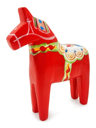 WQKING Traditional Swedish Dala Horse | 100% All Solid Wood | Classic red with Saddle and Bridle | 7.48 inches high (19 cm)