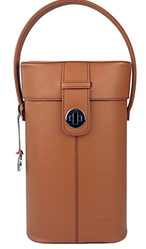 Deluxe Real Leather Wine Carrier Set - Includes Bottle Opener & Dust Bag - Double Wine Bottle Holder - Luxury Genuine Leather Wine Carrier - Wine Bag - Great Birthday Gift (Cognac)