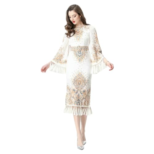 Robe vintage élégante à col rond pour femme avec manches cloches rétro