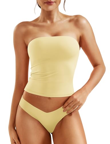 YEOREO Ease Women Sexy Long Tube Tops Double Lined Basic Y2K Summer Cute Strapless Fitted Bandeau Going Out Crop Top Creamy Yellow-S