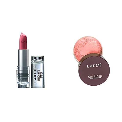 Image of Lakme Enrich Matte Lipstick, Matte Finish, 4.7g - Shade PM14 and Rose Face Powder, 40g - Warm Pink