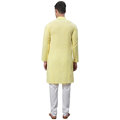 Sojanya (Since 1958 Men'S Pure Cotton Blue Kurta With White Embroidery And White Pyjama Set4