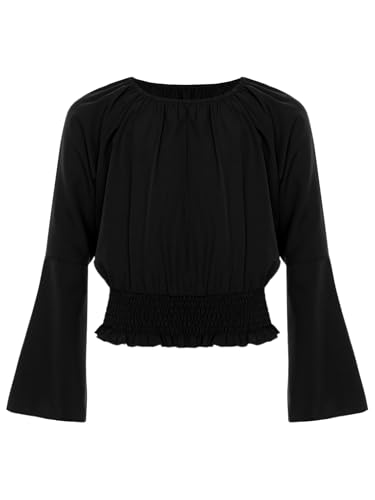 Girls Casual Off Shoulder Ruched Crop Top Summer Flounce Long Sleeve Smocked Blouse Boho Tunic Shirt3