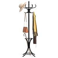 Tangkula Coat Rack with Umbrella Holder, 73 Inch Freestanding Coat Hanger Stand with 12 Hooks, Wooden Entryway Coat Tree for Clothes, Bags, Hats, Scarves, Living Room, Bedroom, Hallway (Black)