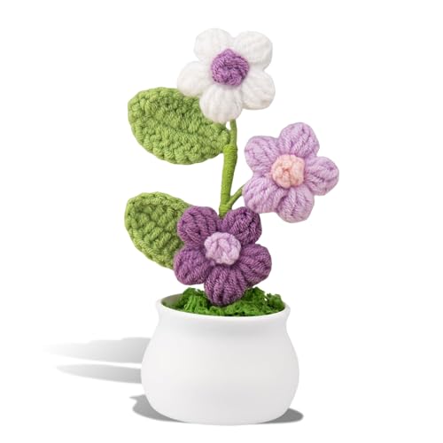 Kotkiddy Flores de Ganchillo en Maceta, Flores de Colores con Gradiente, Flores Artificiales para Decoración Floral, Regalo para San Valentín. (Blanco Lila)