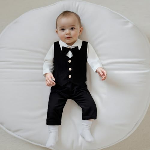 Newborn Baby Boy Dress Clothes Long Sleeve Romper Shirt Bowtie Waistcoat Suspender Pants Set Suit Fall Outfits2