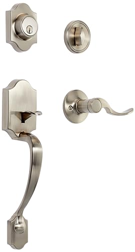 Image of Amazon Basics Front Door Lock Set, Handleset with Shelby Lever, Single Cylinder, Easy to Install, Satin Nickel