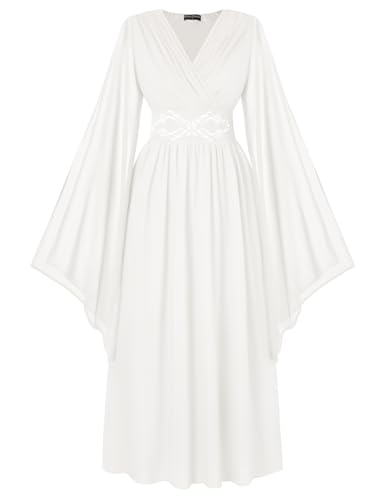 Scarlet Darkness Renaissance Costume Women Fairy Dress V Neck Split Bell Sleeve Long Dress with Pockets