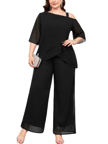 ZOMVA Plus Size Mother of Bride Pant Suits 2 Piece Chiffon Sets Asymmetric Cold Shoulder Wedding Guest Dressy Outfit, Black, 0X