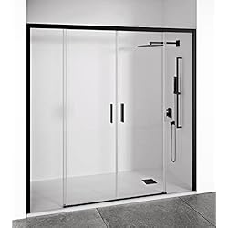 Mampara de ducha frontal 2 hojas correderas + 2 fijos sin perfilería inferior - Transparente - Cristal templado 6 mm Antical - Perfilería Negro Mate - Ancho adaptable 195-200 cm - Alto 195 cm - EIRE