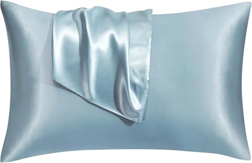 Image of Satin Pillow Covers Set of 2 - Soft & Smooth Pillowcases for Hair & Skin Care | Envelope Closure | Includes 3 Free Random Color Scrunchies | Frizz-Free Sleep Essentials (Sky Blue)