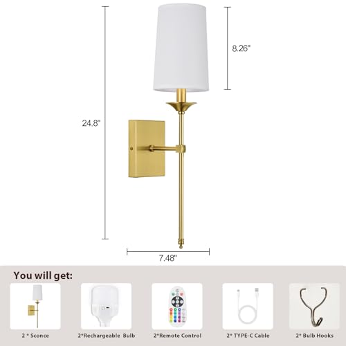 Image of Battery Operated Wall Sconce Set of 2,Cordless Rechargeable Wall Light with RGB Dimmable Bulb and Remote,15 Colors Adjustable,Easy Install No Wiring