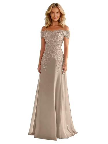 Mother of the Groom Dresses for Women Off Shoulder Floor Length Wedding Guest Dress Chiffon Taupe Party Gowns US0