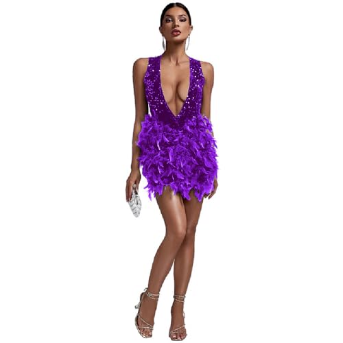 yk8fass Vestido de plumas de lentejuelas yl-0070, Púrpura, M