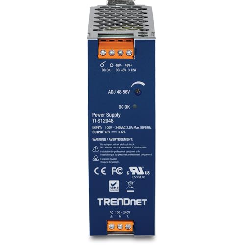 Image of TRENDnet 150W, 48 - 56V DC, 3.12A AC to DC DIN-Rail Power Supply with PFC Function, TI-S12048, 150% Peak Load Capability, UL 62368 Certified