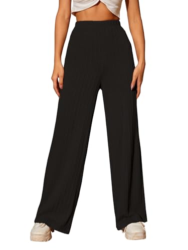Image of TOPLOT Ribbed Knit Trousers for Woman | High Waist Wide Leg Palazzo Pants with Elastic Waist | Straight Relaxed Fit Casual, Office, Travel & Lounge Wear (5252)
