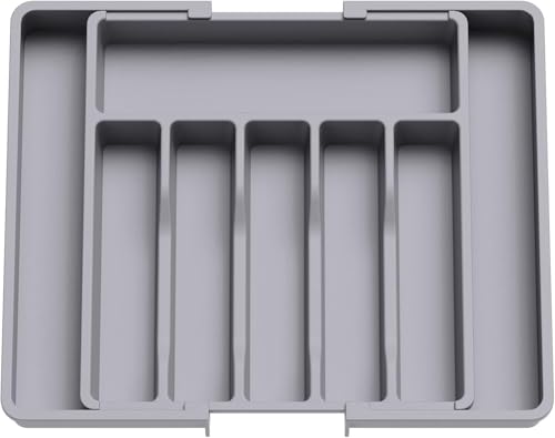 Image of Aroja Silverware Drawer Organizer, Expandable Utensil Tray for Kitchen, BPA Free Flatware and Cutlery Holder, Adjustable Plastic Storage for Spoons Forks Knives, Large (Grey)