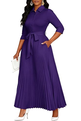 Image of Runwind Maxi Dresses for Women, 3 /4 Sleeve Botton Down Pleated Long Dress with Belt Casual Church Dress with Pockets