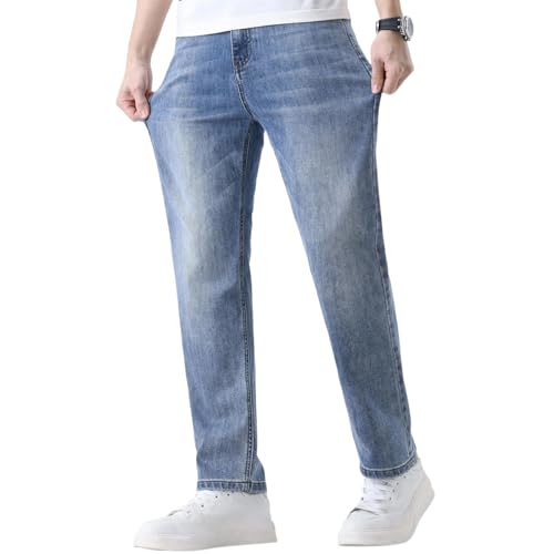 Men's Loose Straight Jeans – Thin Stretch Cotton Blend,Casual Daily Trousers for Comfort