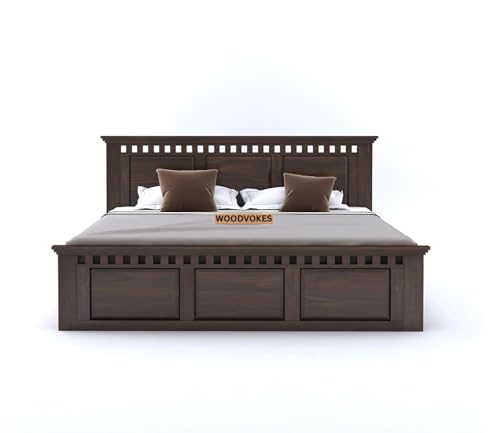 Image of Sheesham Wood Bed Without Storage Solid Wooden Cot Double Bed Furniture Elegant and Functional Bedroom Living Room Home Palang (Mahogany, Queen)