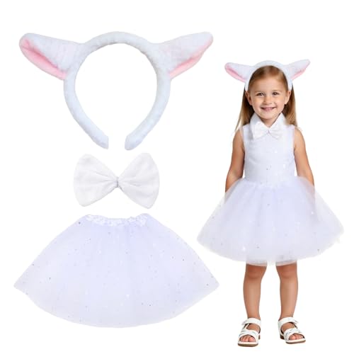 SAIIURV 3 Pièces Lot de Costume de Mouton Filles Bandeau Oreilles Mouton, Nœud Papillon Tutu pour Filles, Costume Agneau, Oreilles Agneau pour Fête Jungle Halloween Noël Carnaval (3 Pièces)